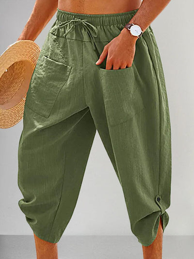 Cotton Linen Button Hem Capri Pants Pants coofandystore Army Green S 