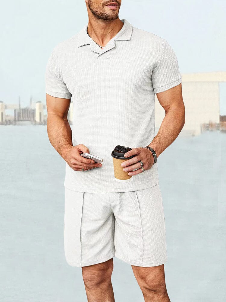 Waffle Lapel Casual Shirt Sets Sets coofandystore White M 