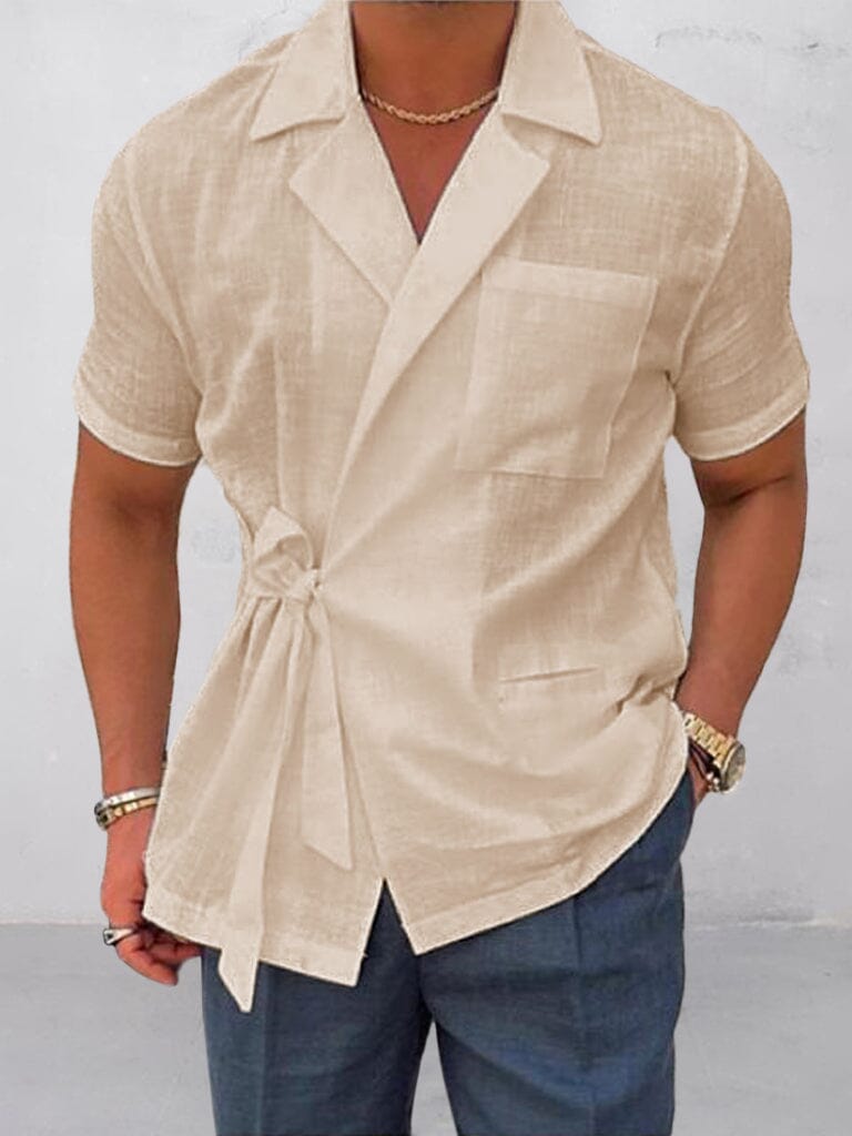 Lapel Cotton Linen Short Sleeve Shirt Shirts coofandystore Cracker Khaki M 