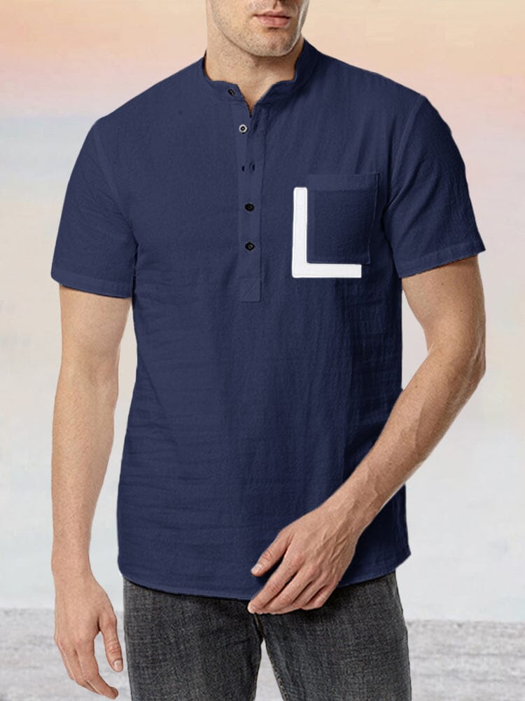 Cotton Linen Button Shirt with Pocket Shirts coofandystore Navy Blue S 