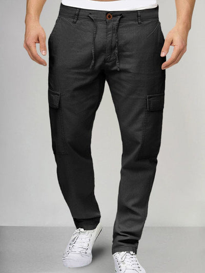Casual Drawstring Cotton Linen Cargo Pants Pants coofandystore Black M 