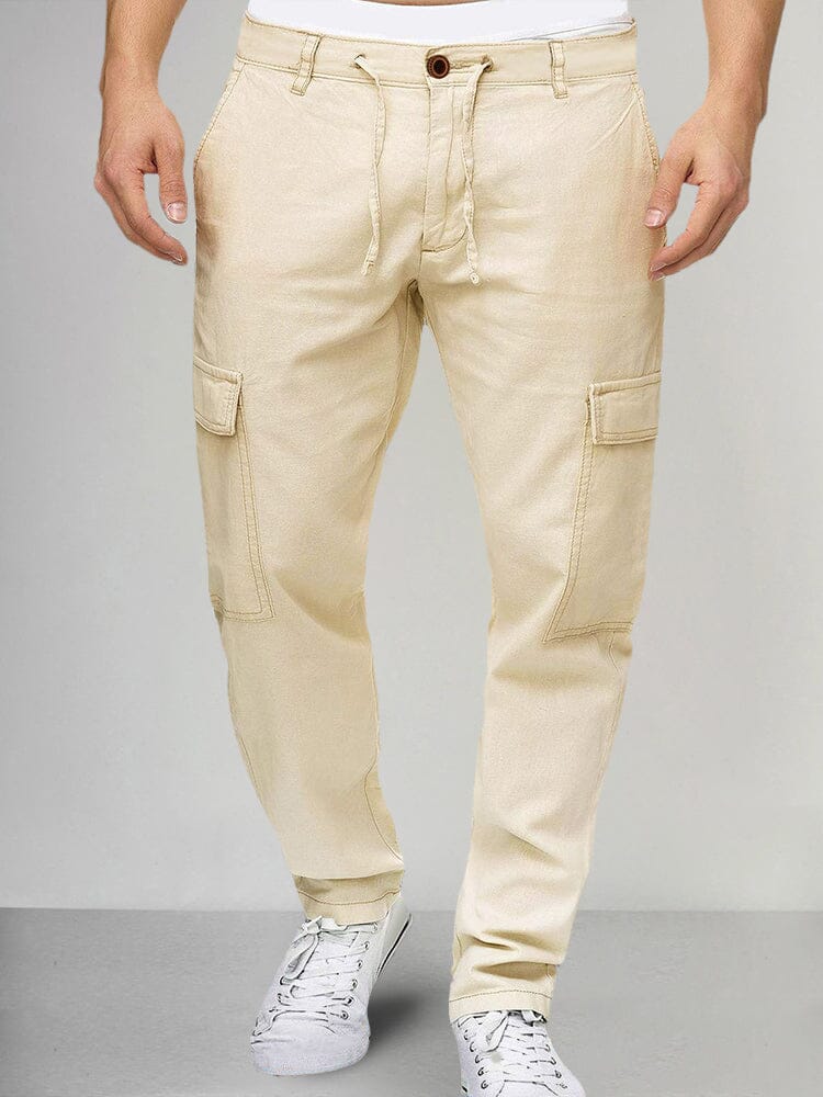 Casual Drawstring Cotton Linen Cargo Pants Pants coofandystore Apricot M 
