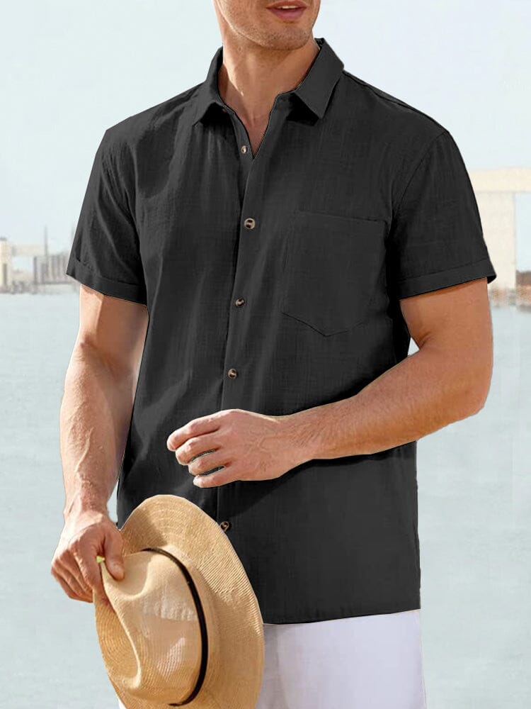 Classic Cotton and Linen Short Sleeve Casual Shirt Shirts coofandystore Black M 