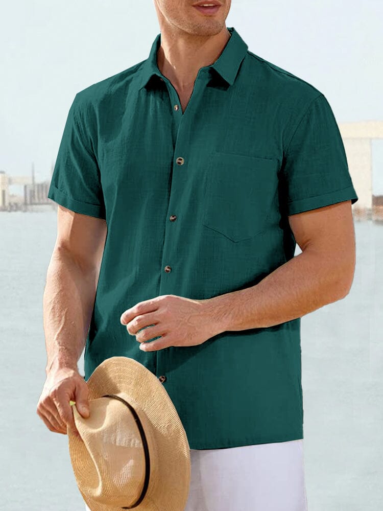 Classic Cotton and Linen Short Sleeve Casual Shirt Shirts coofandystore Green M 