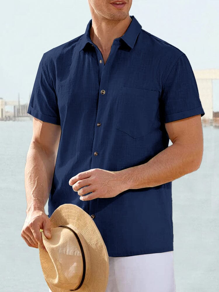 Classic Cotton and Linen Short Sleeve Casual Shirt Shirts coofandystore Navy Blue M 