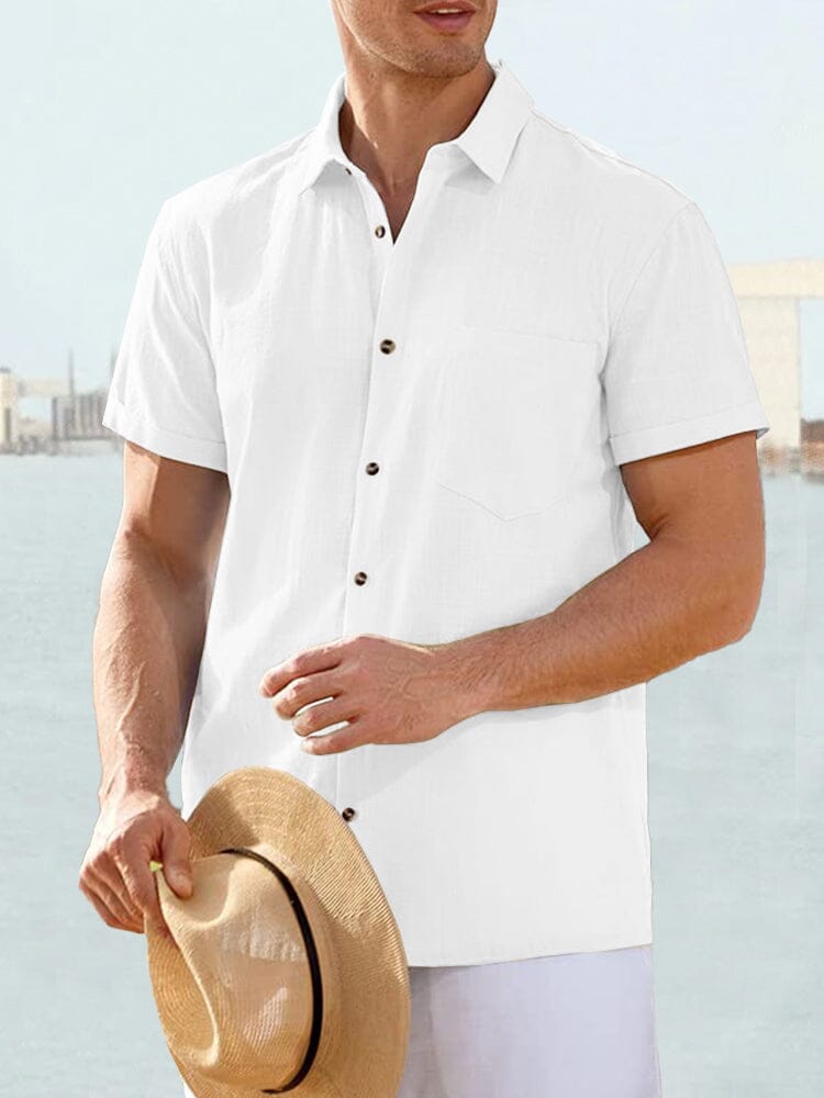 Classic Cotton and Linen Short Sleeve Casual Shirt Shirts coofandystore White M 
