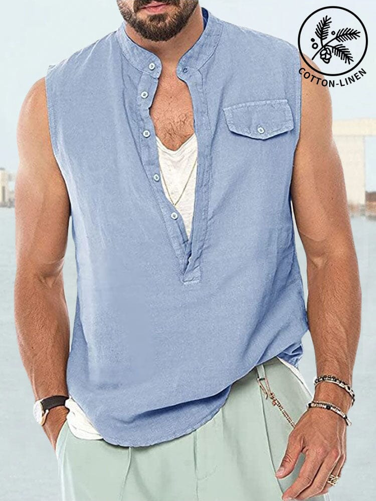 Casual Cotton Linen Stand Collar Button Tank Top Tank Tops coofandystore Clear Blue S 