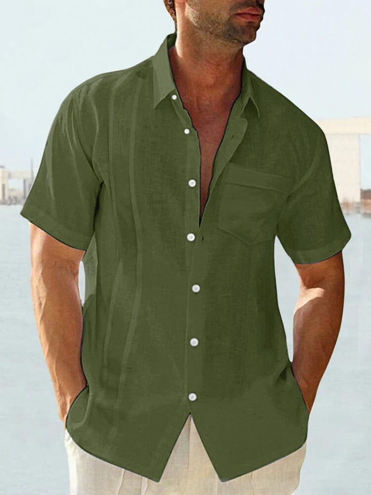 Cotton Linen Solid Casual Short Sleeve Shirt Shirts coofandystore Army Green M 