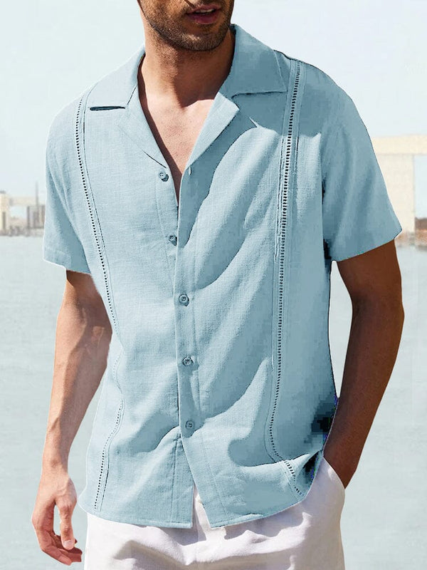 Cotton Linen Short Sleeve Casual Shirt Shirts coofandystore Light Blue M 