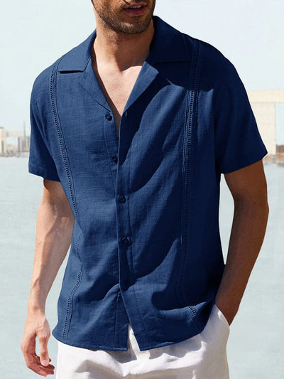 Cotton Linen Short Sleeve Casual Shirt Shirts coofandystore Dark Blue M 