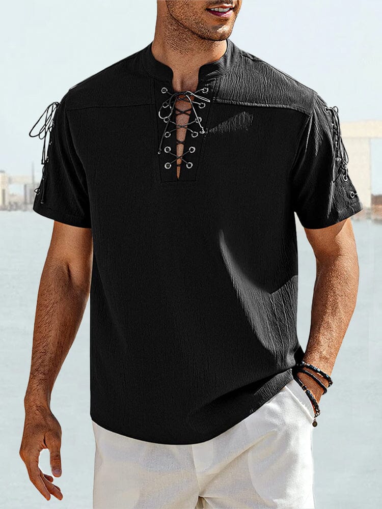 V Neck Linen Style Short Sleeve Shirt Shirts coofandystore Black S 