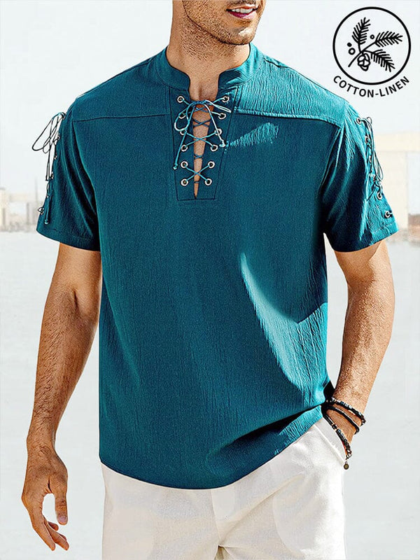 V Neck Linen Style Short Sleeve Shirt Shirts coofandystore Blue S 