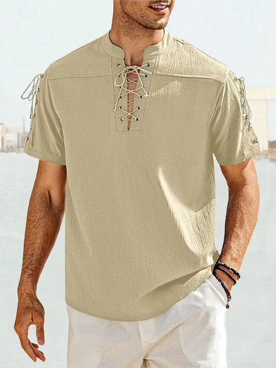 V Neck Linen Style Short Sleeve Shirt Shirts coofandystore Cream S 