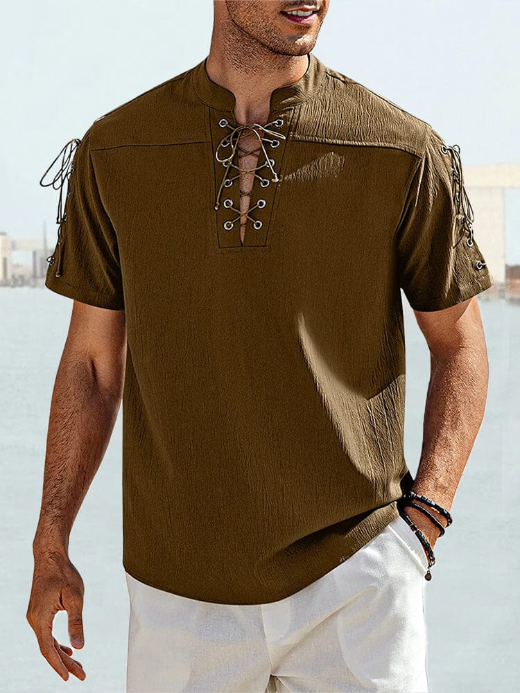 V Neck Linen Style Short Sleeve Shirt Shirts coofandystore Brown S 