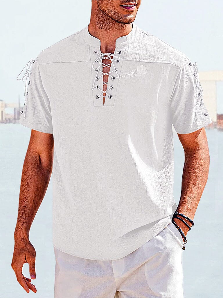 V Neck Linen Style Short Sleeve Shirt Shirts coofandystore White S 