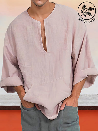 Linen Style Long Sleeves V Neck Shirt Shirts coofandystore Pink M 