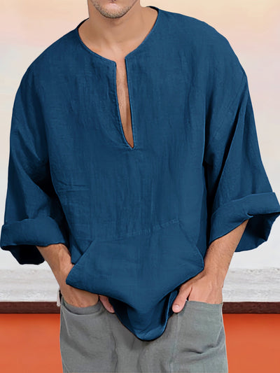 Linen Style Long Sleeves V Neck Shirt Shirts coofandystore Blue M 