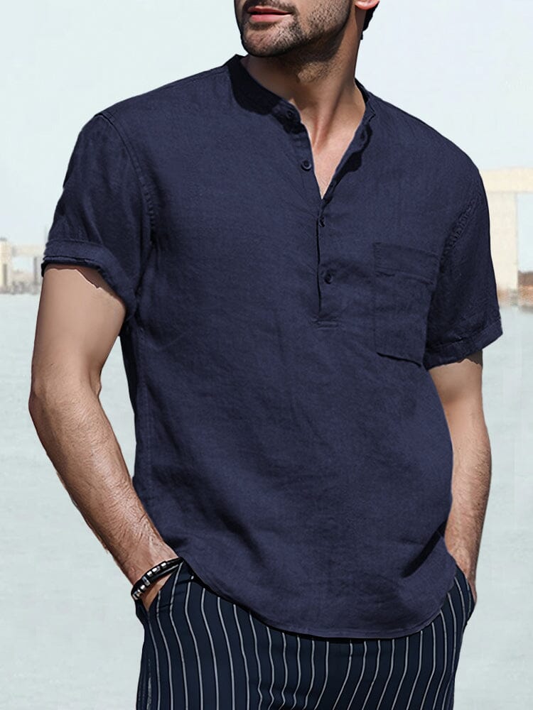 Linen Style Short Sleeves Casual Shirt Shirts coofandystore Navy Blue S 