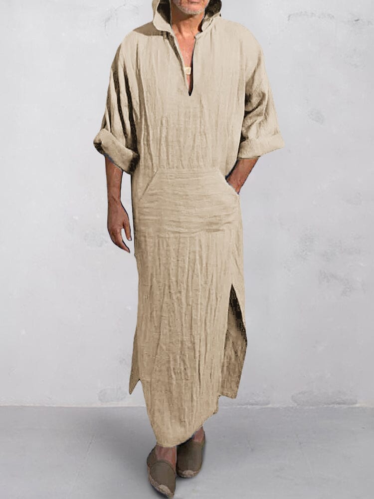 Cotton Linen Split Hem Hooded Robe Robe coofandystore Apricot M 