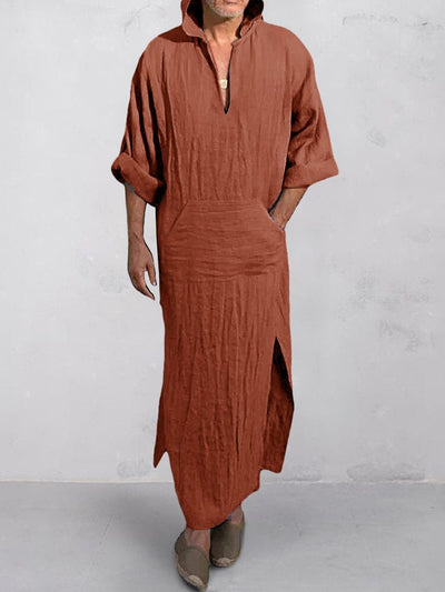 Cotton Linen Split Hem Hooded Robe Robe coofandystore Brown M 