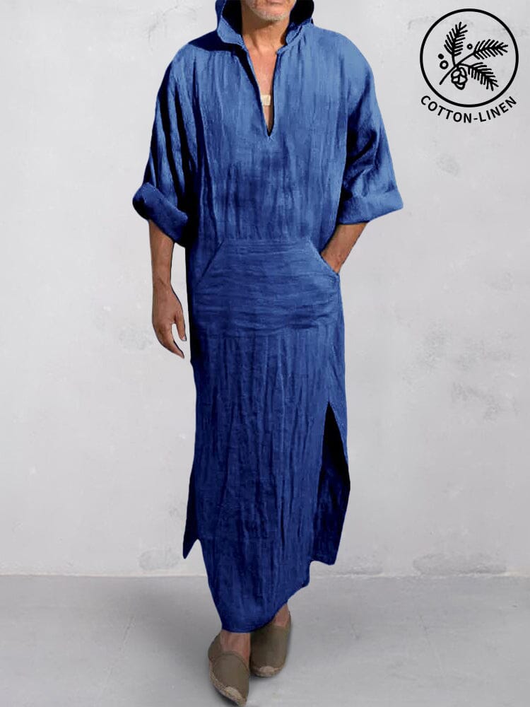 Cotton Linen Split Hem Hooded Robe Robe coofandystore Navy Blue M 