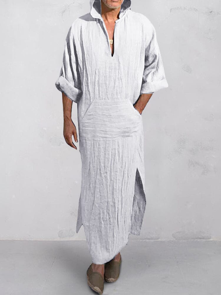 Cotton Linen Split Hem Hooded Robe Robe coofandystore White M 