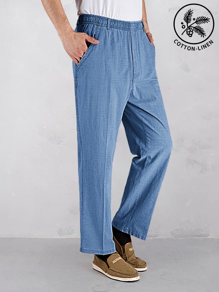 Cotton Linen Elastic Waist Casual Pants Pants coofandystore Blue XL(US 34-36) 