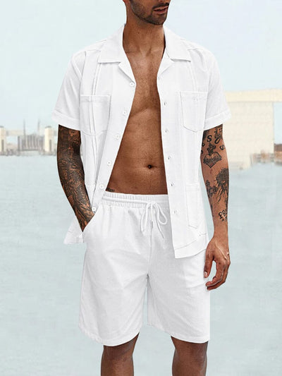 Short Sleeve Double Pocket Shirt Set Sets coofandystore White S 