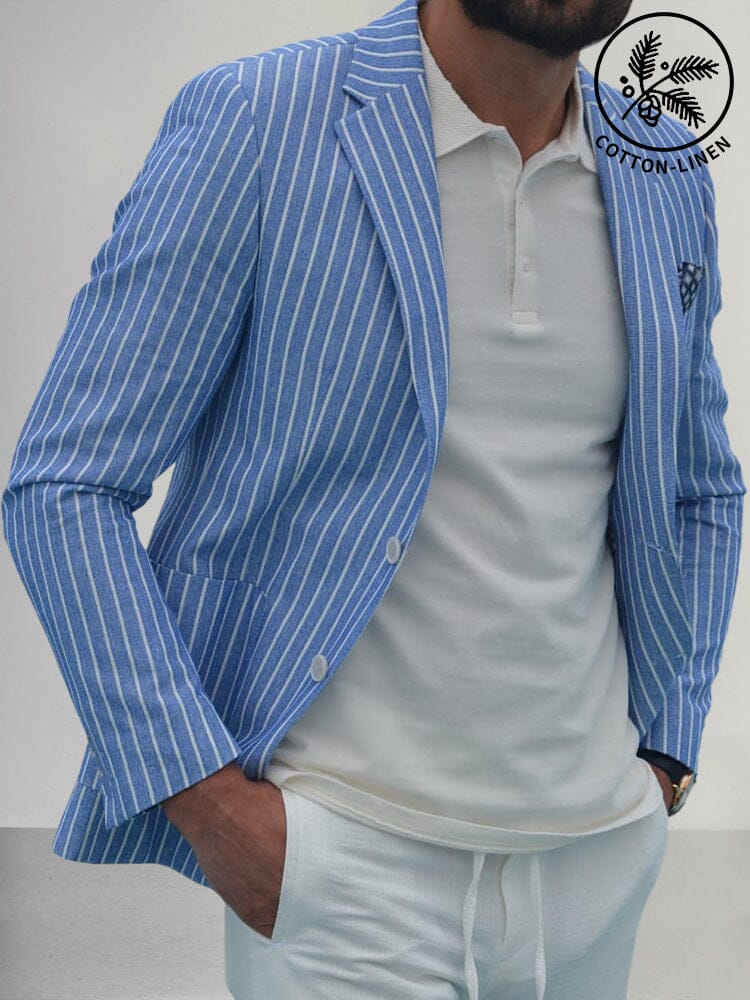 Casual Linen Style Lapel Striped Blazer Jackets coofandystore Blue M 