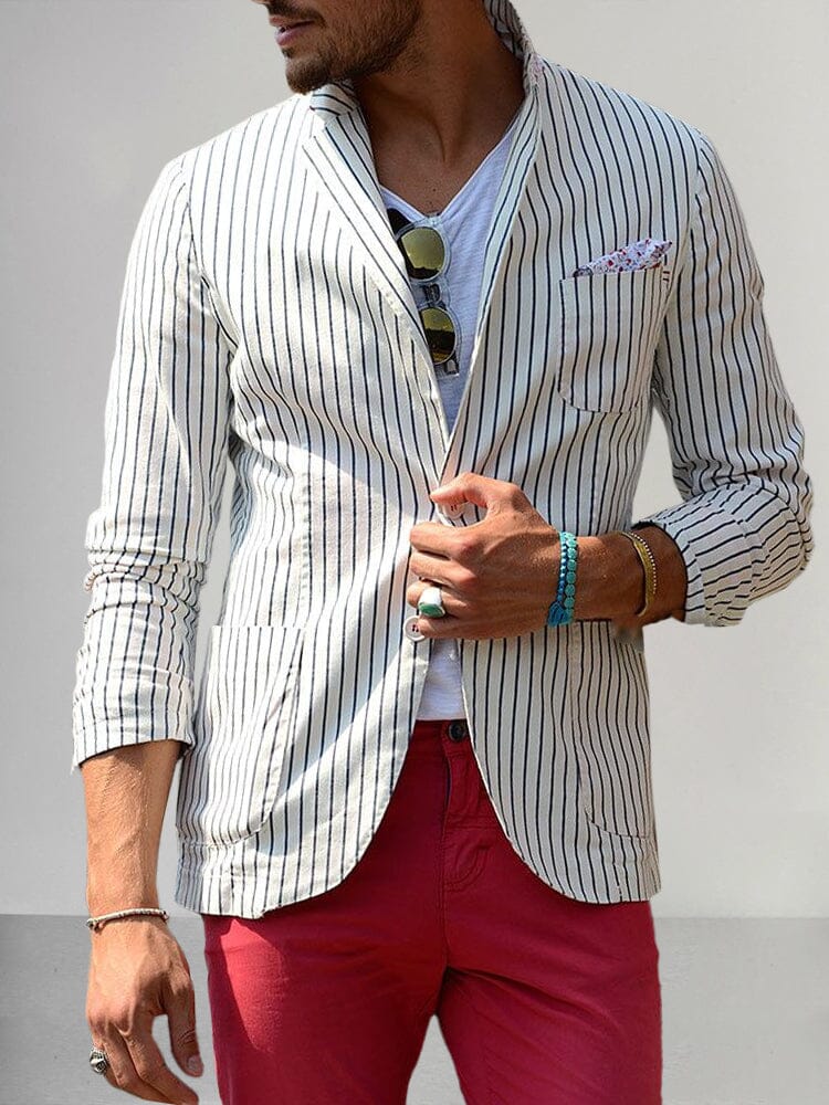 Casual Linen Style Lapel Striped Blazer Jackets coofandystore White M 