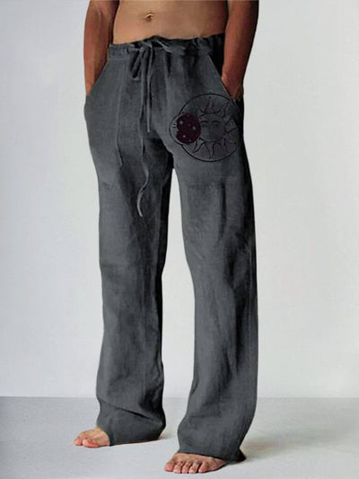Casual Printed Cotton Linen Drawstring Straight Pants Pants coofandystore Dark Grey S 