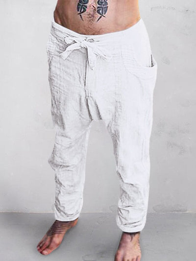 Cotton Linen Drawstring Casual Pants Pants coofandystore White S 