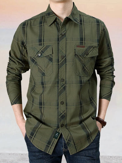 Casual Pure Cotton Plaid Long Sleeve Shirt Shirts coofandystore Army Green M 