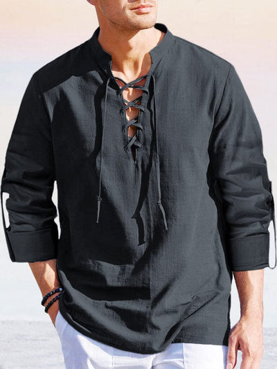 Casual Stand Collar Drawstring Cotton Linen Shirt Shirts coofandy Black S 