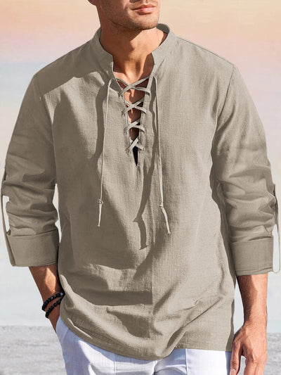 Casual Stand Collar Drawstring Cotton Linen Shirt Shirts coofandy Khaki S 