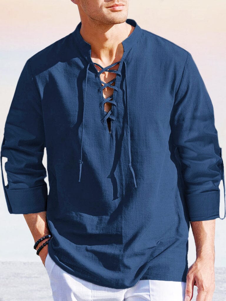 Casual Stand Collar Drawstring Cotton Linen Shirt Shirts coofandy Navy Blue S 