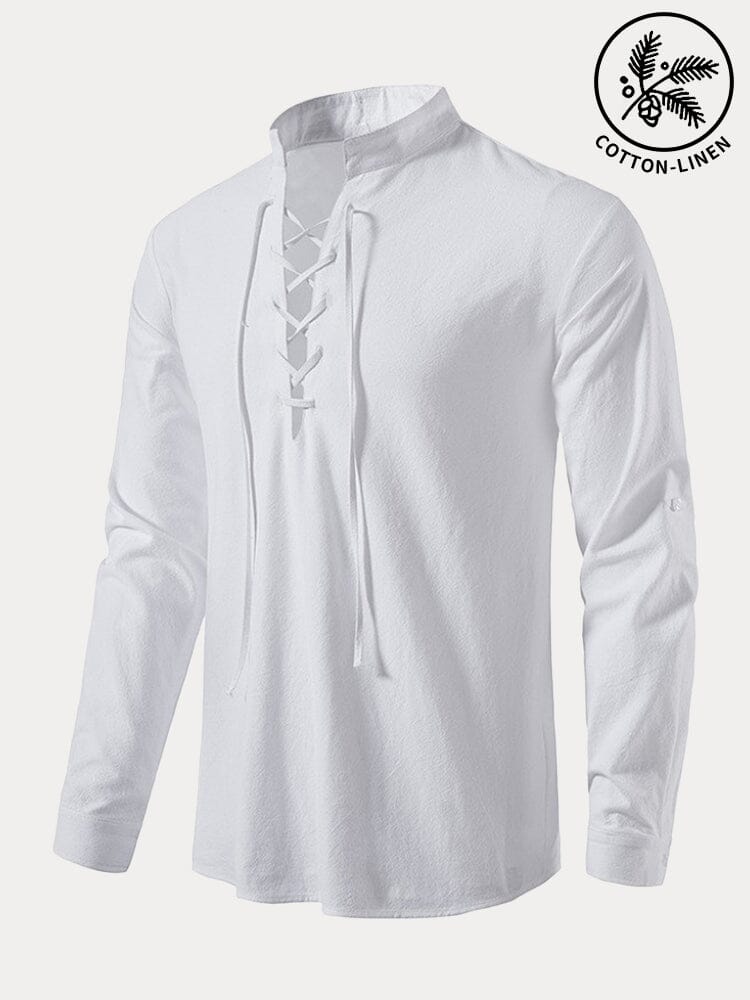 Casual Stand Collar Drawstring Cotton Linen Shirt Shirts coofandy 