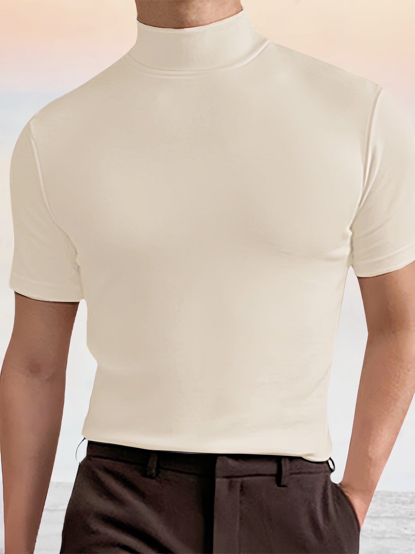 Slim Fit Short Sleeve Turtleneck Top Shirts coofandystore Cream S 