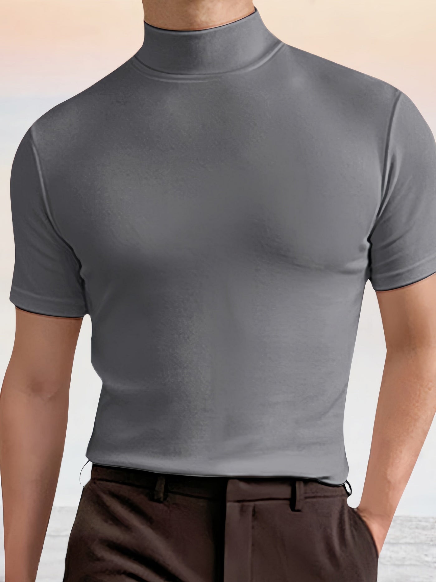 Slim Fit Short Sleeve Turtleneck Top Shirts coofandystore Grey S 