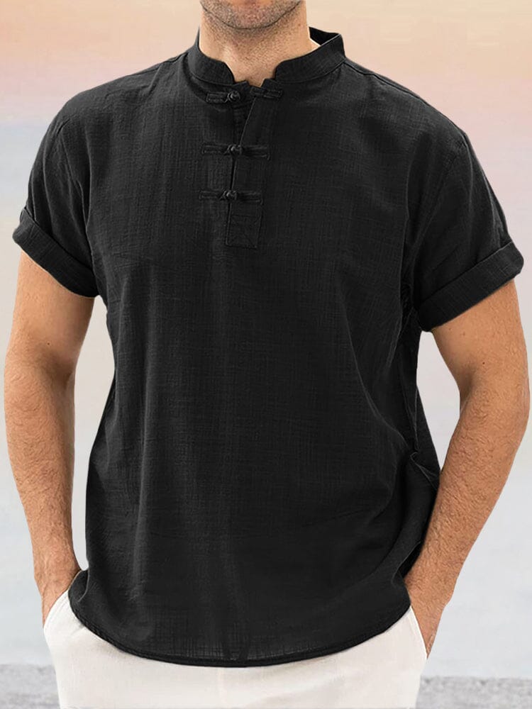 Casual Stand Collar Unique Button Cotton Linen Shirt Shirts coofandy Black S 