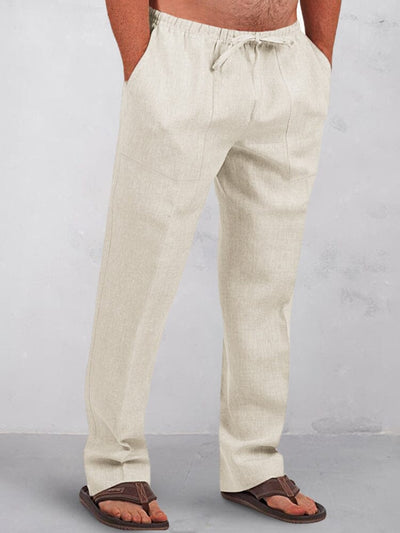 Casual Solid Elastic Waist Cotton Linen Straight Pants Pants coofandy 