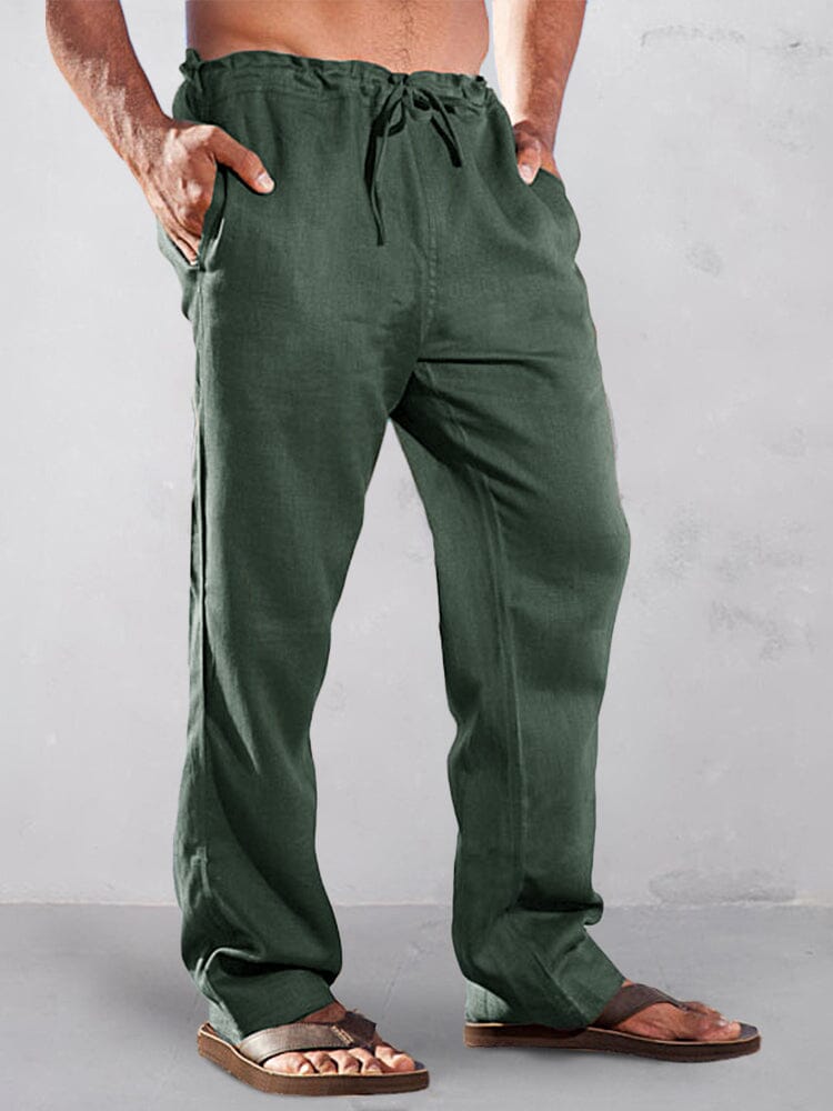 Casual Solid High Waist Cotton Linen Straight Pants Pants coofandy Dark Green S 