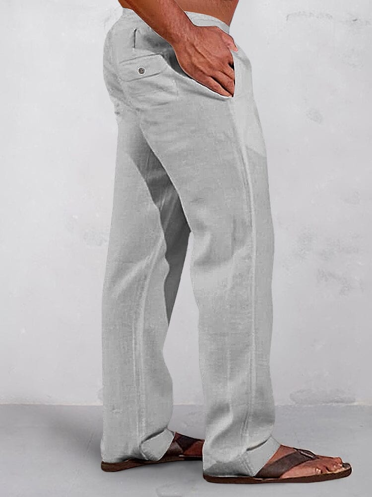 Casual Solid Elastic Waist Cotton Linen Straight Pants Pants coofandy Light Grey S 