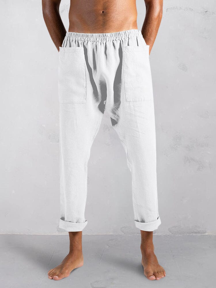 Casual Solid Cotton Linen Tapered Pants Pants coofandy White S 