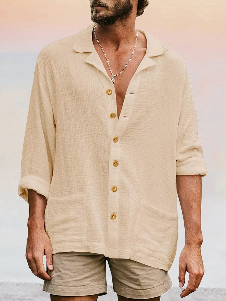 Casual Button Long Sleeves Beach Shirt Shirts coofandystore Cream S 