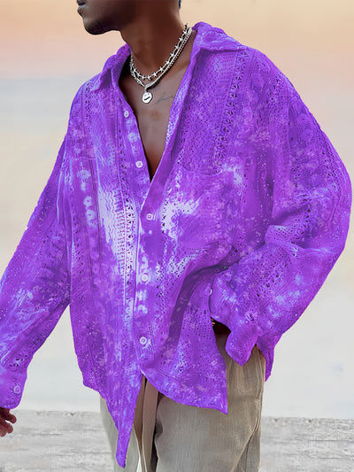 Stylish Pure Cotton Hollow Lace Shirt Shirts coofandy Purple M 