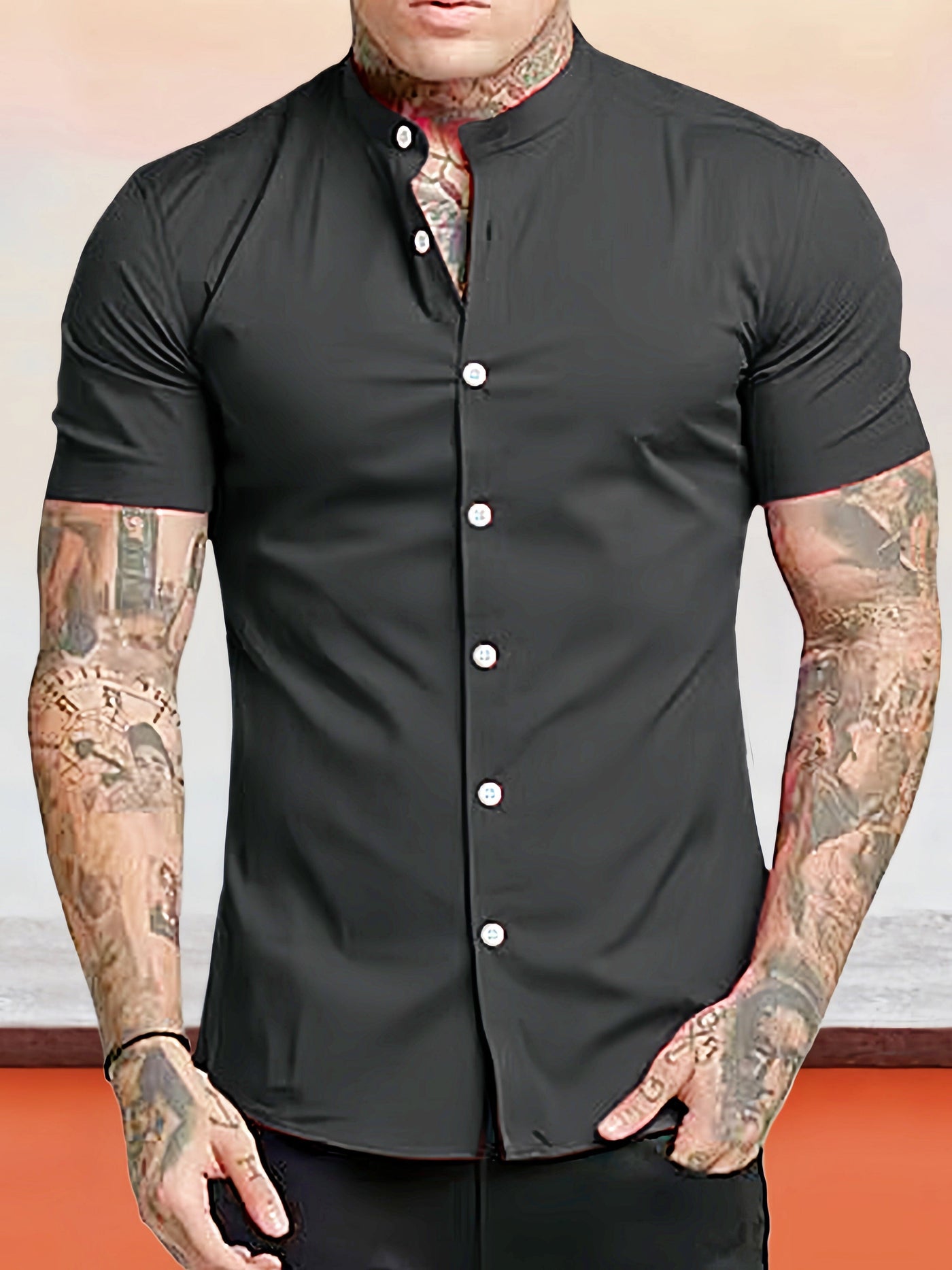 Classic Solid Stretchy Stand Collar Shirt Shirts coofandy Black S 