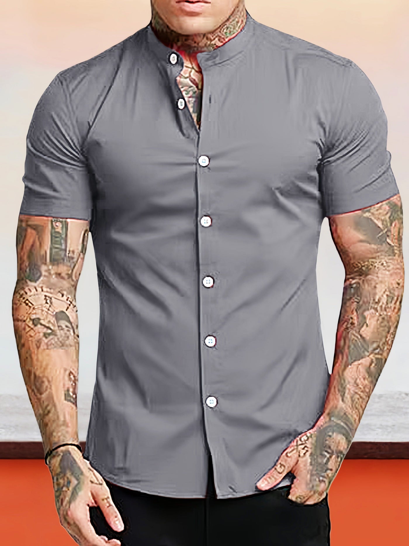 Classic Solid Stretchy Stand Collar Shirt Shirts coofandy Light Grey S 