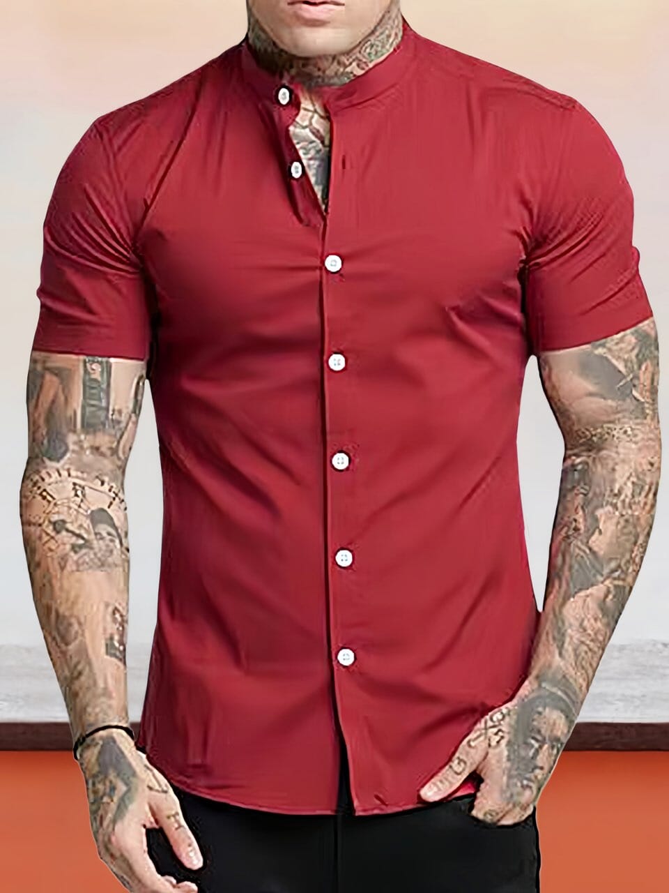 Classic Solid Stretchy Stand Collar Shirt Shirts coofandy Red S 