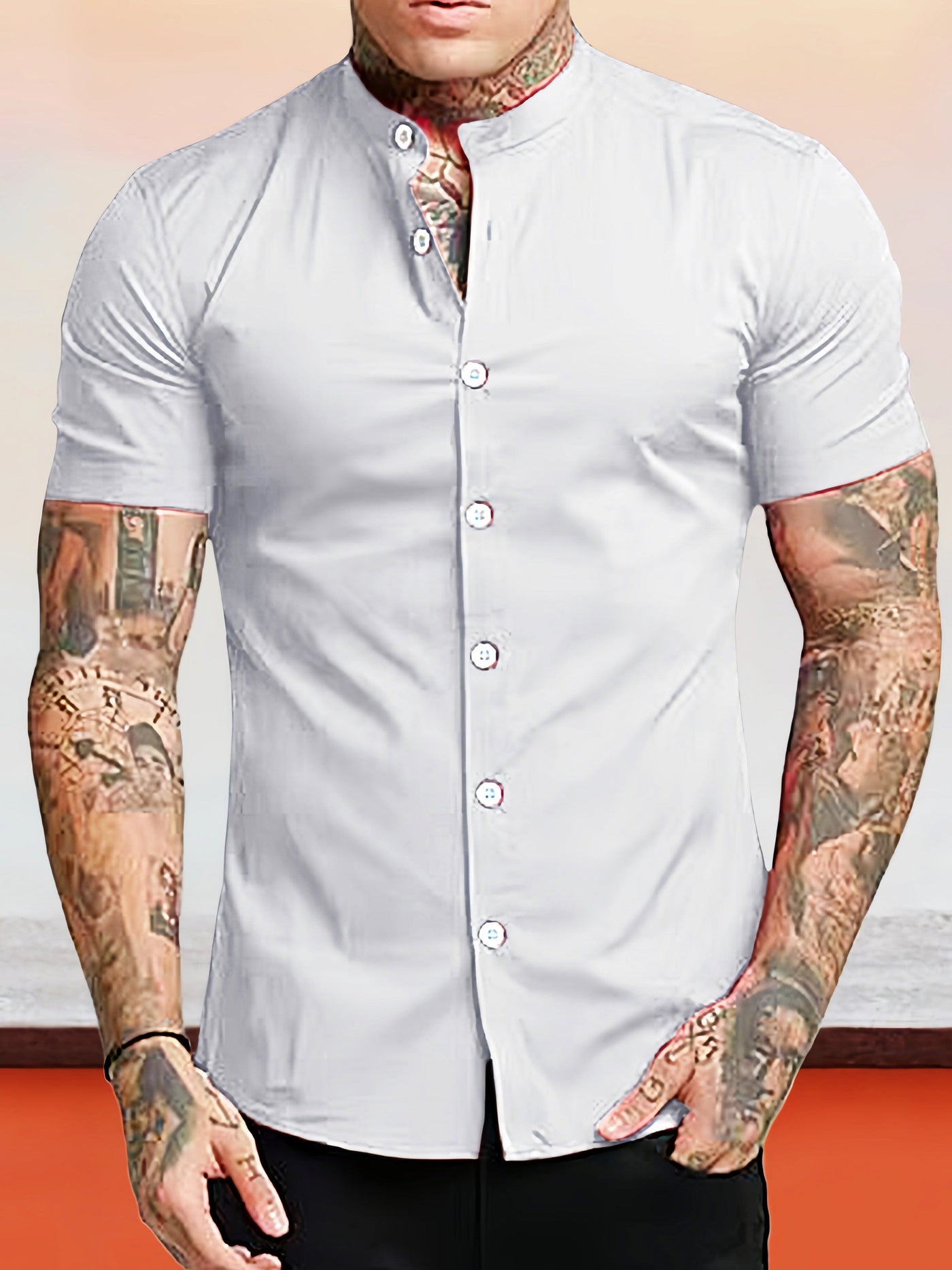 Classic Solid Stretchy Stand Collar Shirt Shirts coofandy White S 